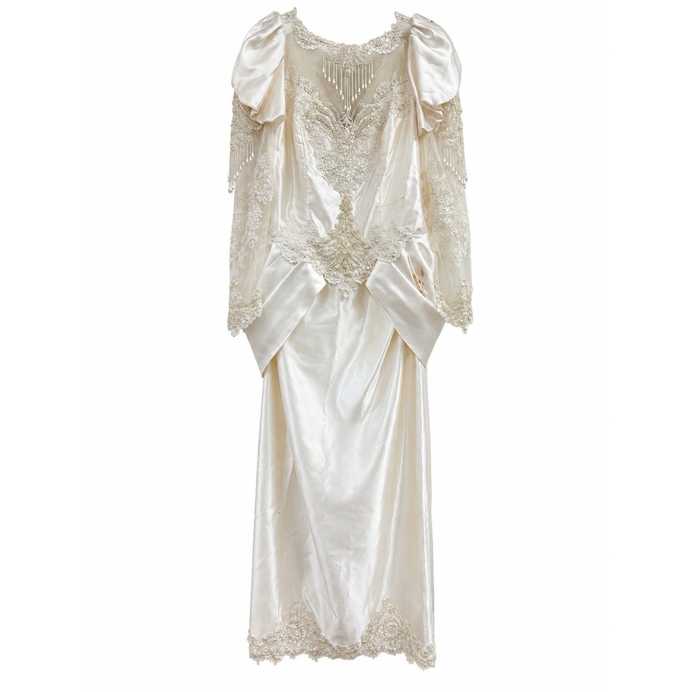 Vintage 1980s Satin Lace Beaded Wedding Dress & Leather Opera Gloves Bridal Lot